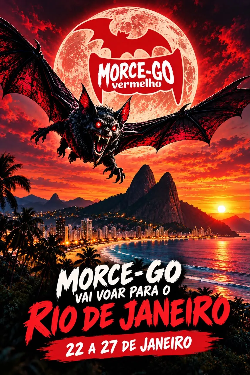 Cartaz do Morce-GO no Rio de Janeiro: um morcego gigante voa diante da lua vermelha sobre o Pão de Açúcar, com a chamada Morce-GO vai voar para o Rio de Janeiro, de 22 a 27 de janeiro.